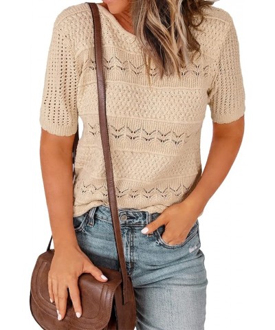 Women Crewneck Short Sleeve Knit Openwork Pullover Sweater Top Light Coffee $16.81 Sweaters