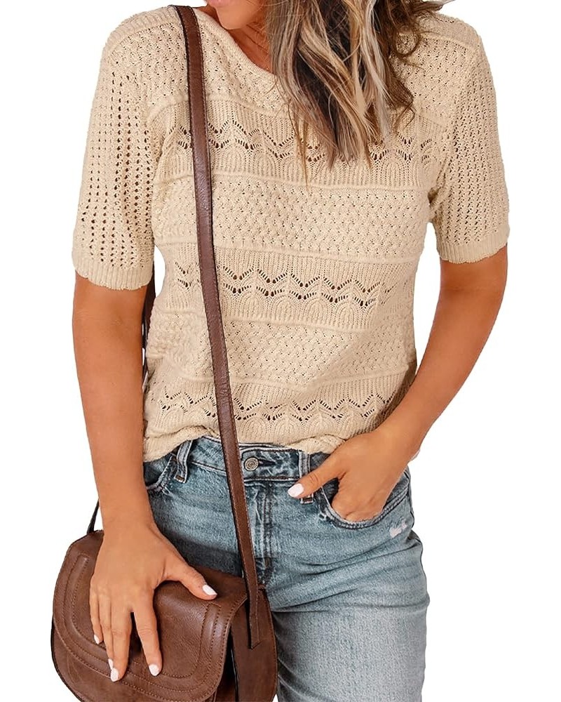 Women Crewneck Short Sleeve Knit Openwork Pullover Sweater Top Light Coffee $16.81 Sweaters