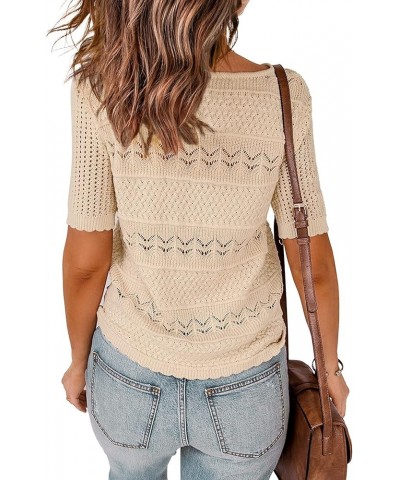 Women Crewneck Short Sleeve Knit Openwork Pullover Sweater Top Light Coffee $16.81 Sweaters