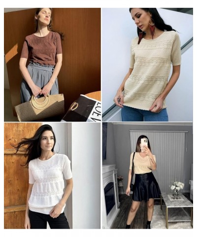 Women Crewneck Short Sleeve Knit Openwork Pullover Sweater Top Light Coffee $16.81 Sweaters