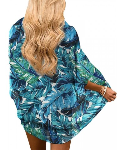 Womens Floral Chiffon Kimono Cardigans Loose Beach Cover Up Half Sleeve Tops 01o Leaf Green $11.73 Swimsuits