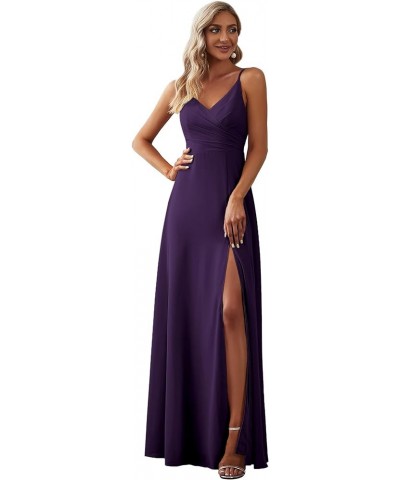 Women's Summer Spaghetti Strap V Neck Chiffon Formal Wedding Bridesmaid Split Maxi Dress 0128B Dark Purple $30.66 Dresses