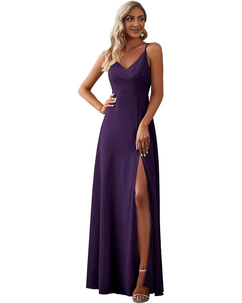 Women's Summer Spaghetti Strap V Neck Chiffon Formal Wedding Bridesmaid Split Maxi Dress 0128B Dark Purple $30.66 Dresses