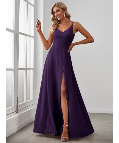 Women's Summer Spaghetti Strap V Neck Chiffon Formal Wedding Bridesmaid Split Maxi Dress 0128B Dark Purple $30.66 Dresses