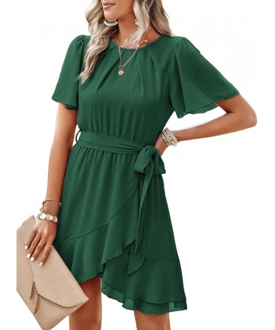 Womens Summer Dresses Crewneck Short Sleeve Waist Tie Ruffle Casual Chiffon A-Line Swing Mini Dress Green $23.09 Dresses