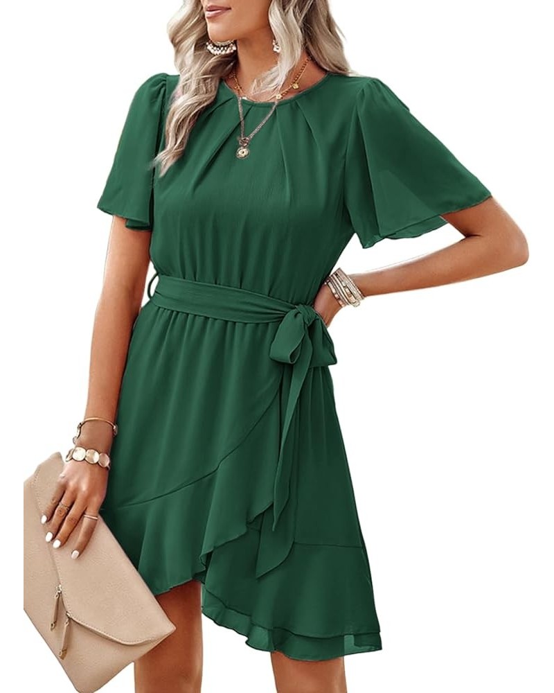 Womens Summer Dresses Crewneck Short Sleeve Waist Tie Ruffle Casual Chiffon A-Line Swing Mini Dress Green $23.09 Dresses