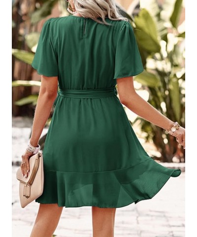 Womens Summer Dresses Crewneck Short Sleeve Waist Tie Ruffle Casual Chiffon A-Line Swing Mini Dress Green $23.09 Dresses