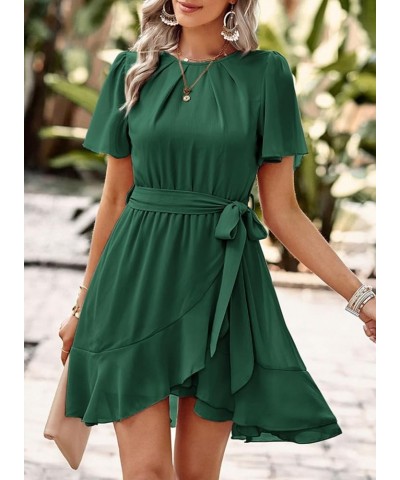 Womens Summer Dresses Crewneck Short Sleeve Waist Tie Ruffle Casual Chiffon A-Line Swing Mini Dress Green $23.09 Dresses