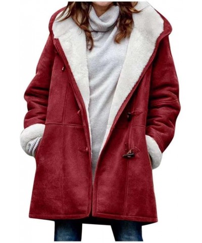 Women's winter leisure hooded horn buckle wool pea coat jacket Outerwear Big Collar Jackets Fleece A-wine Red $23.92 Coats