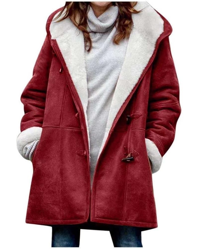 Women's winter leisure hooded horn buckle wool pea coat jacket Outerwear Big Collar Jackets Fleece A-wine Red $23.92 Coats