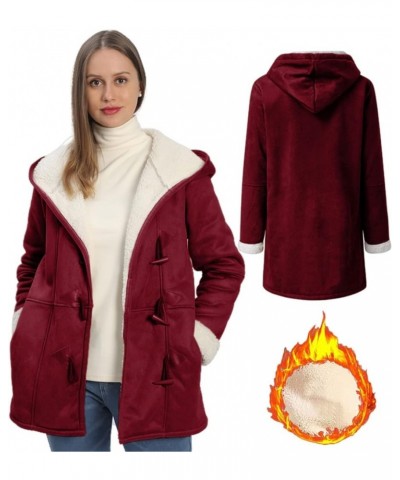 Women's winter leisure hooded horn buckle wool pea coat jacket Outerwear Big Collar Jackets Fleece A-wine Red $23.92 Coats