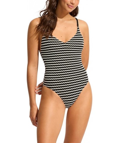 Women's Standard V Neck One Piece with High Legline Swimsuit Mesh Effect Black $14.76 Swimsuits