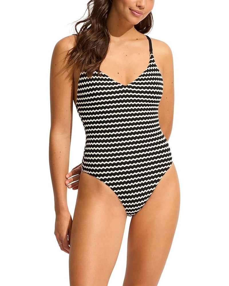 Women's Standard V Neck One Piece with High Legline Swimsuit Mesh Effect Black $14.76 Swimsuits