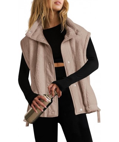 Womens Sherpa Fleece Vest Oversized Button Down Outerwear Sleeveless Fuzzy Jacket Coat with Pocket Apricot $18.04 Vests