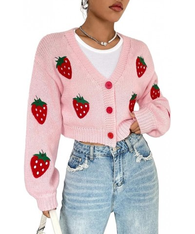 Women's Open Front Button Up Cardigan Appliques Long Sleeve Crop Sweater Pink $11.00 Sweaters