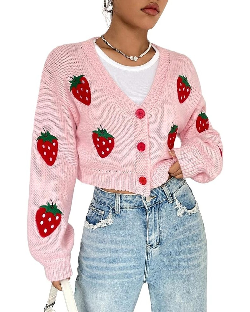 Women's Open Front Button Up Cardigan Appliques Long Sleeve Crop Sweater Pink $11.00 Sweaters