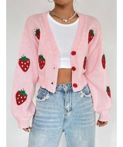 Women's Open Front Button Up Cardigan Appliques Long Sleeve Crop Sweater Pink $11.00 Sweaters