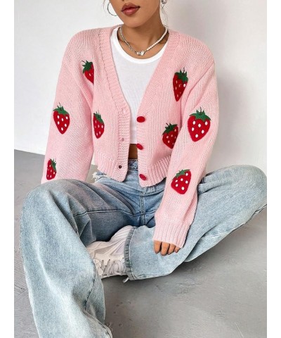 Women's Open Front Button Up Cardigan Appliques Long Sleeve Crop Sweater Pink $11.00 Sweaters