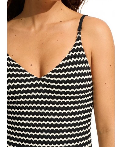 Women's Standard V Neck One Piece with High Legline Swimsuit Mesh Effect Black $14.76 Swimsuits