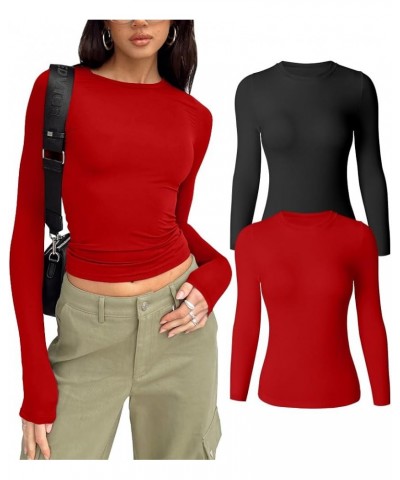 Women's Casual Long Sleeve Crew Neck Slim Fit Going Out Seamless Two Piece Tops Tshirt Black Red $17.33 T-Shirts