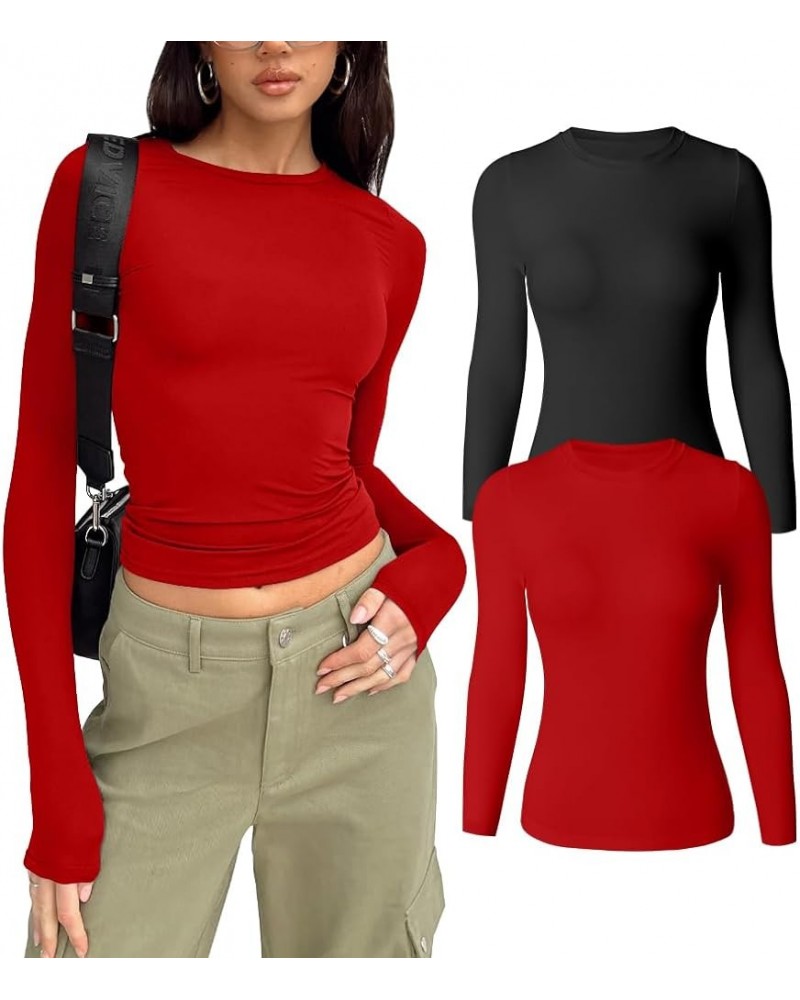 Women's Casual Long Sleeve Crew Neck Slim Fit Going Out Seamless Two Piece Tops Tshirt Black Red $17.33 T-Shirts