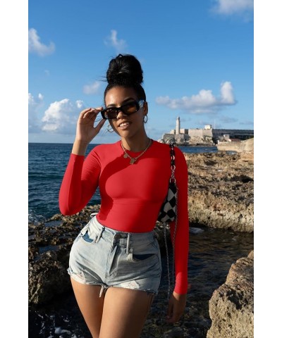 Women's Casual Long Sleeve Crew Neck Slim Fit Going Out Seamless Two Piece Tops Tshirt Black Red $17.33 T-Shirts