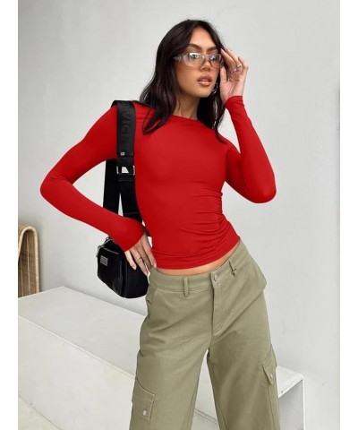 Women's Casual Long Sleeve Crew Neck Slim Fit Going Out Seamless Two Piece Tops Tshirt Black Red $17.33 T-Shirts