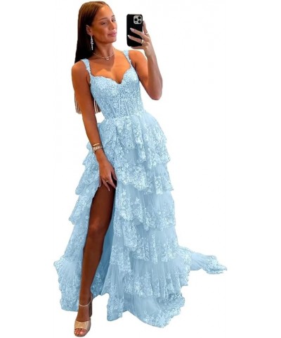 Tiered Lace Prom Dresses with Slit Long Spaghetti Straps Sparkly Corset Formal Evening Gown Sky Blue $38.85 Dresses