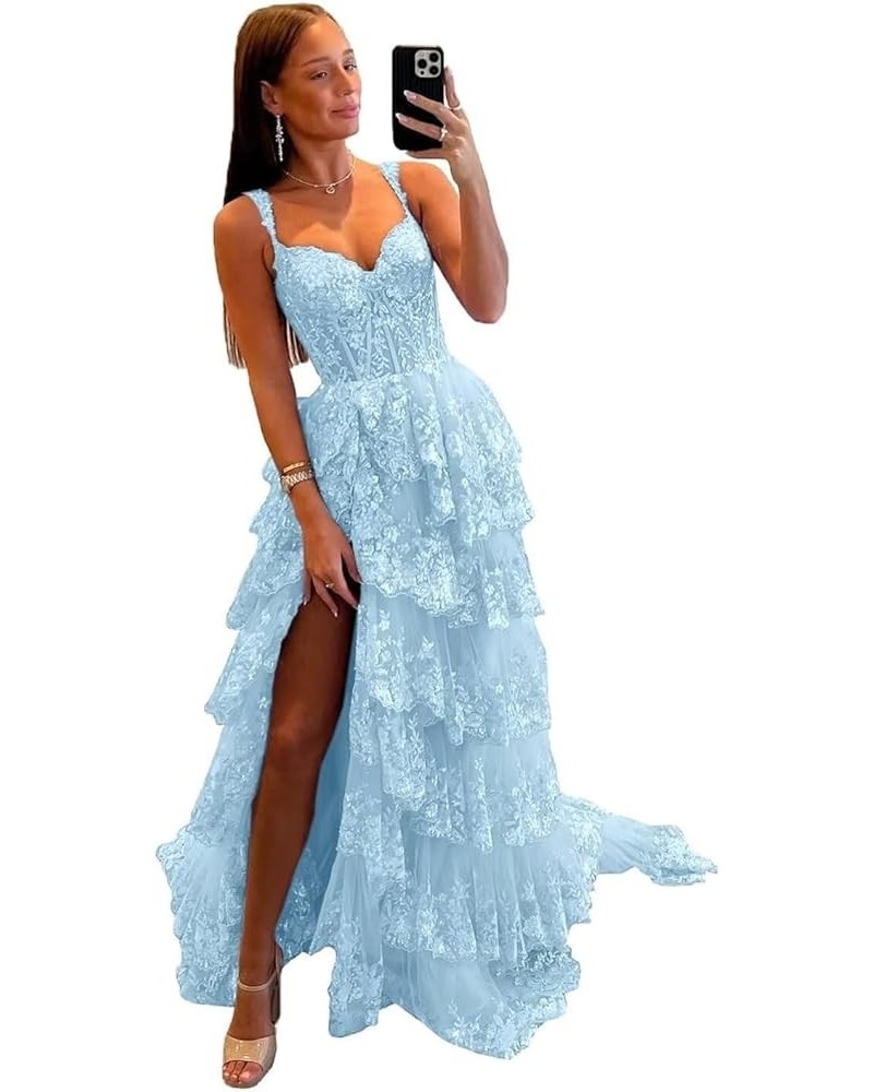 Tiered Lace Prom Dresses with Slit Long Spaghetti Straps Sparkly Corset Formal Evening Gown Sky Blue $38.85 Dresses