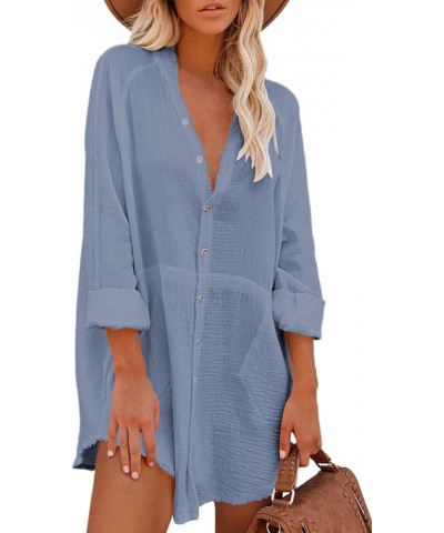 Women's Button Down Shirt Dress Cover Ups Long Sleeve Swimsuit Beach Dresses Sky Blue $18.04 Swimsuits