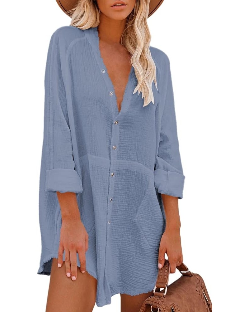 Women's Button Down Shirt Dress Cover Ups Long Sleeve Swimsuit Beach Dresses Sky Blue $18.04 Swimsuits