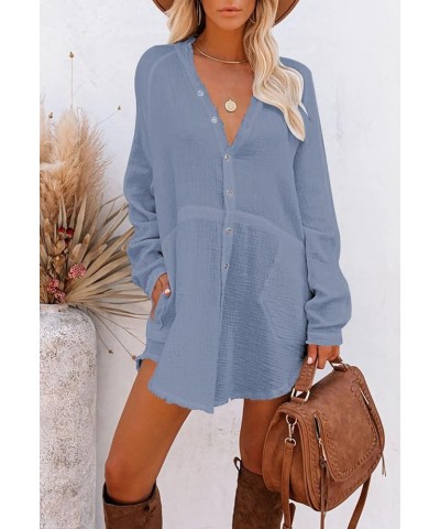 Women's Button Down Shirt Dress Cover Ups Long Sleeve Swimsuit Beach Dresses Sky Blue $18.04 Swimsuits