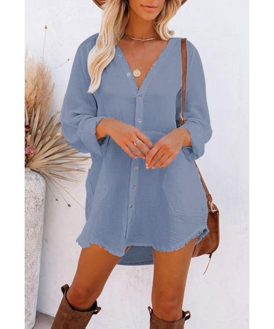 Women's Button Down Shirt Dress Cover Ups Long Sleeve Swimsuit Beach Dresses Sky Blue $18.04 Swimsuits