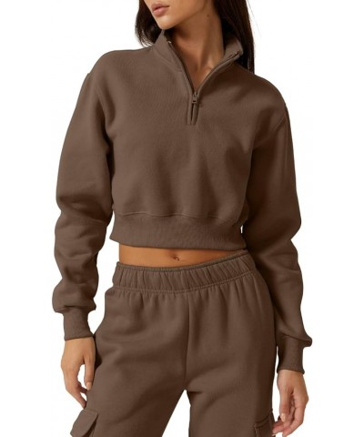 Womens Half Zip Crop Sweatshirt High Neck Long Sleeve Pullover Cropped Top Chestnut $17.60 Hoodies & Sweatshirts