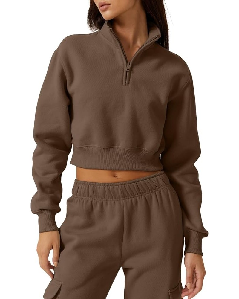 Womens Half Zip Crop Sweatshirt High Neck Long Sleeve Pullover Cropped Top Chestnut $17.60 Hoodies & Sweatshirts