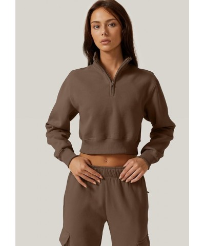 Womens Half Zip Crop Sweatshirt High Neck Long Sleeve Pullover Cropped Top Chestnut $17.60 Hoodies & Sweatshirts