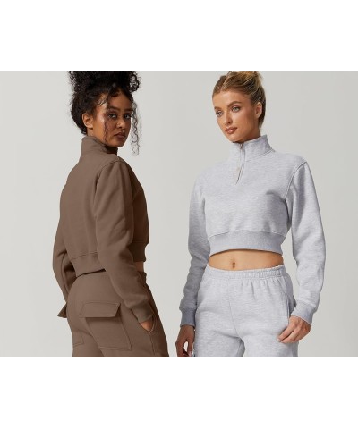 Womens Half Zip Crop Sweatshirt High Neck Long Sleeve Pullover Cropped Top Chestnut $17.60 Hoodies & Sweatshirts