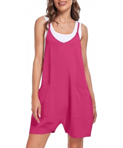 Women's Casual Baggy Rompers Sleeveless Loose Adjustable Spaghetti Strap Shorts Jumpsuit with Pockets Hot Pink $11.00 Rompers