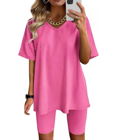 2 Piece Outfits for Women Fashion Solid Color Short Sleeves Shorts Home Loose Sport Casual Set 1-pink $10.75 Sleep & Lounge