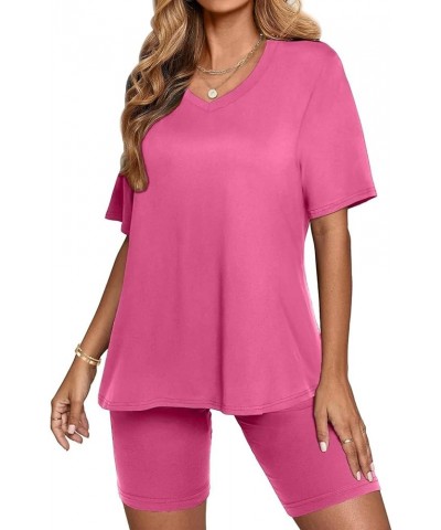 2 Piece Outfits for Women Fashion Solid Color Short Sleeves Shorts Home Loose Sport Casual Set 1-pink $10.75 Sleep & Lounge