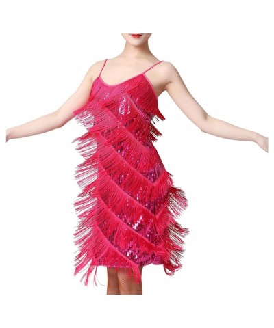 Sequin Tassel Party Mini Dress Women's Sexy Shiny Fringe Dance Dress Club Evening Latin Salsa Ballroom Dancing Dress Hot Pink...