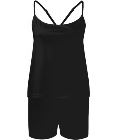 Pajamas Set for Women 2 Piece Gradient Sleeveless Cami Tops&Shorts Sleepwear Lounge Sets S-2X Q01-black $10.25 Sleep & Lounge