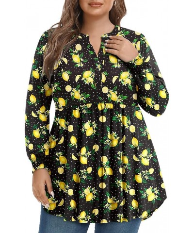 Women's Plus Size Henley V Neck Button Tops Long Sleeve Swing Flowy Tunic 1X-5X Lemon $16.63 Tops