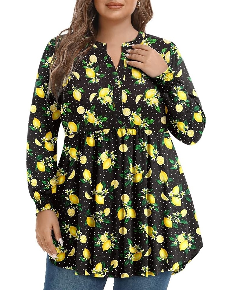 Women's Plus Size Henley V Neck Button Tops Long Sleeve Swing Flowy Tunic 1X-5X Lemon $16.63 Tops