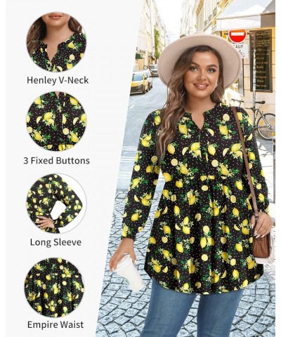 Women's Plus Size Henley V Neck Button Tops Long Sleeve Swing Flowy Tunic 1X-5X Lemon $16.63 Tops