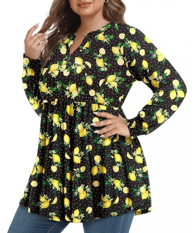 Women's Plus Size Henley V Neck Button Tops Long Sleeve Swing Flowy Tunic 1X-5X Lemon $16.63 Tops