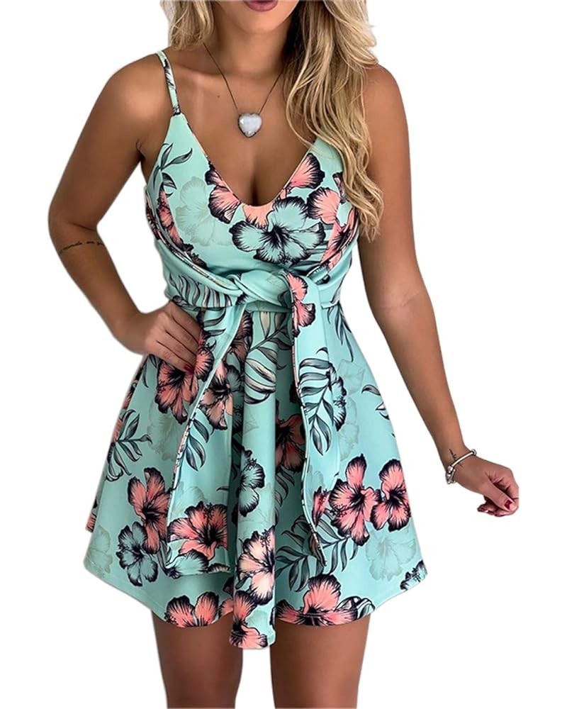 Womens Dresses V Neck Mini Floral Spaghetti Strap Tie Knot Front Flowy Pleated Swing Dress Type 4 $17.91 Dresses