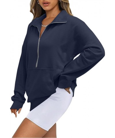 Womens Cropped Zip Up Hoodie Casual Fleece Stand Collar Sweatshirt Loose Quarter Zip Long Sleeve Pullover Sports Top B-navy $...