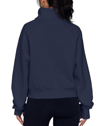 Womens Cropped Zip Up Hoodie Casual Fleece Stand Collar Sweatshirt Loose Quarter Zip Long Sleeve Pullover Sports Top B-navy $...