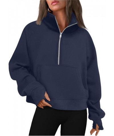 Womens Cropped Zip Up Hoodie Casual Fleece Stand Collar Sweatshirt Loose Quarter Zip Long Sleeve Pullover Sports Top B-navy $...